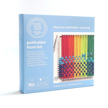 Potholder Loom: Traditional Size kit box with colorful woven cotton loops and metal loom for making two 6x6 potholders.