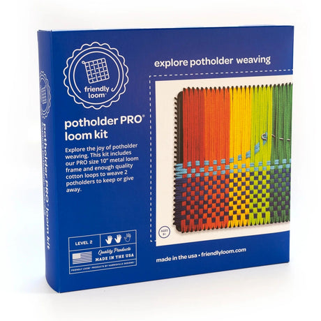 Potholder Loom Pro kit with 10" metal loom, colorful cotton loops, and tools for weaving two 8" potholders.