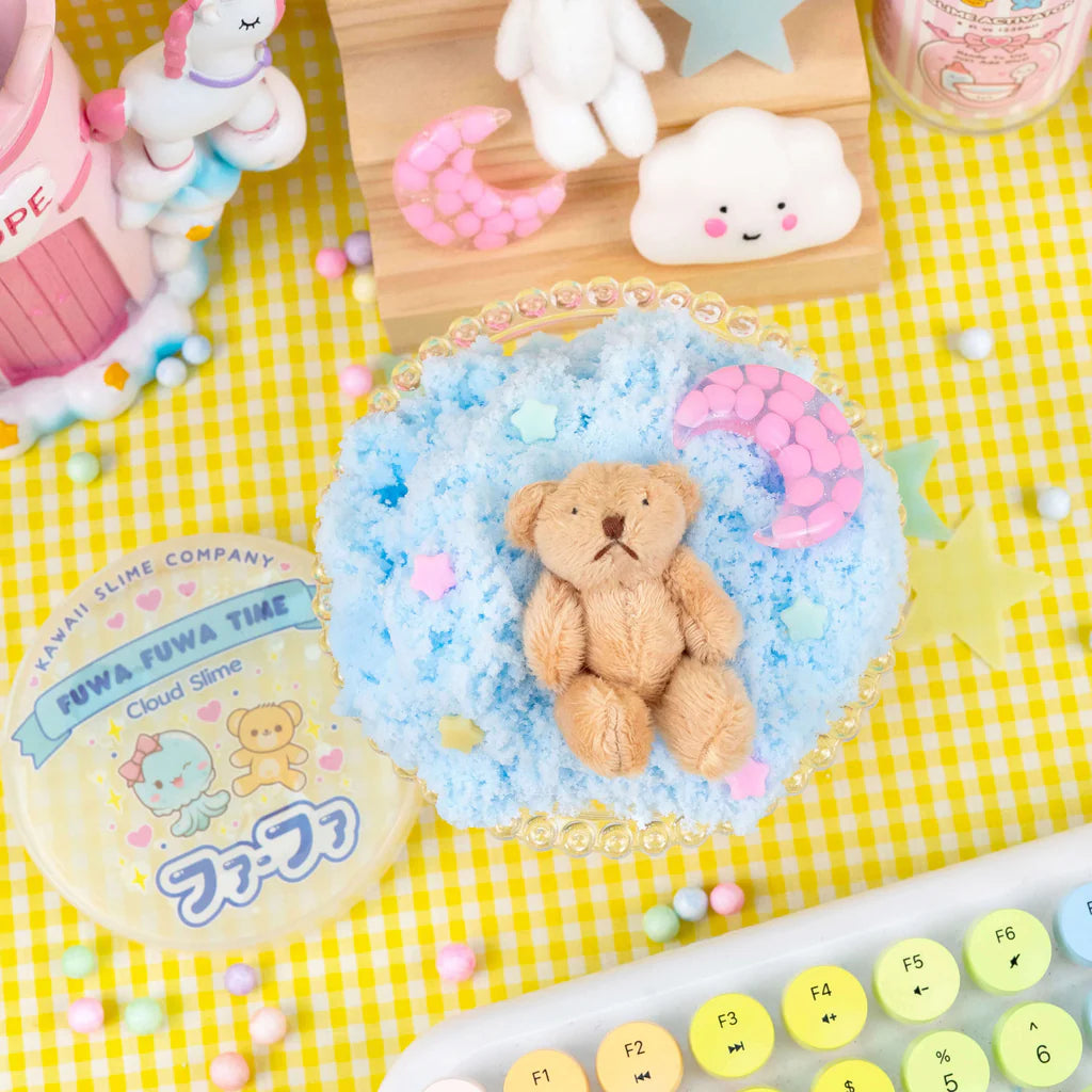 Fuwa Fuwa Time Icee Cloud Slime with teddy bear, moon charm, and stars on yellow checkered background.