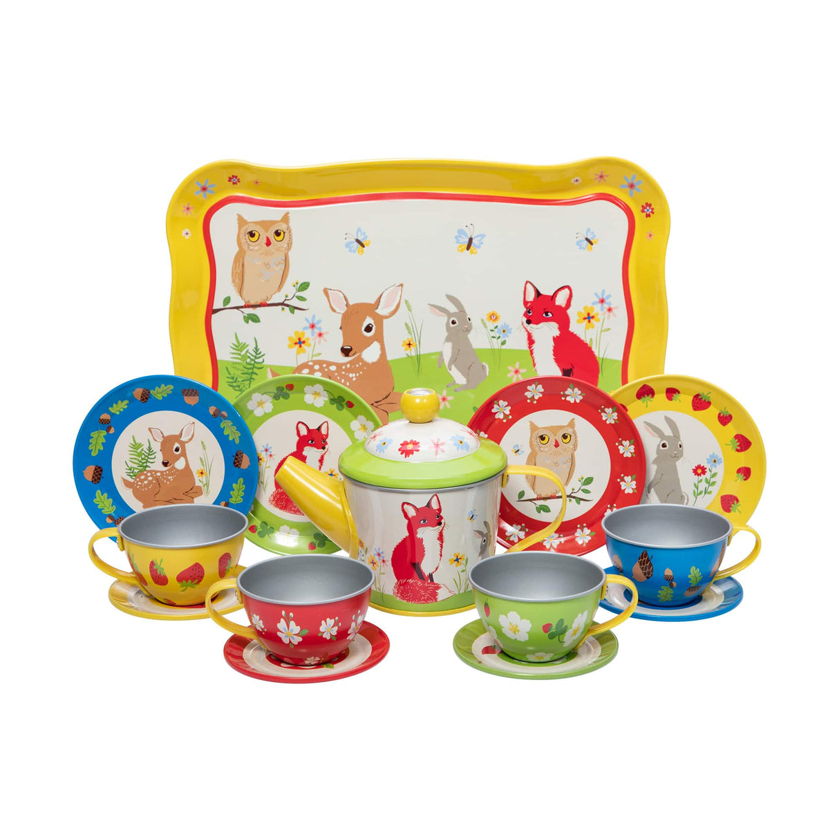 Forest Friends Tin Tea Set with 15 pieces, featuring cups and saucers with deer, owl, fox, and bunny designs.