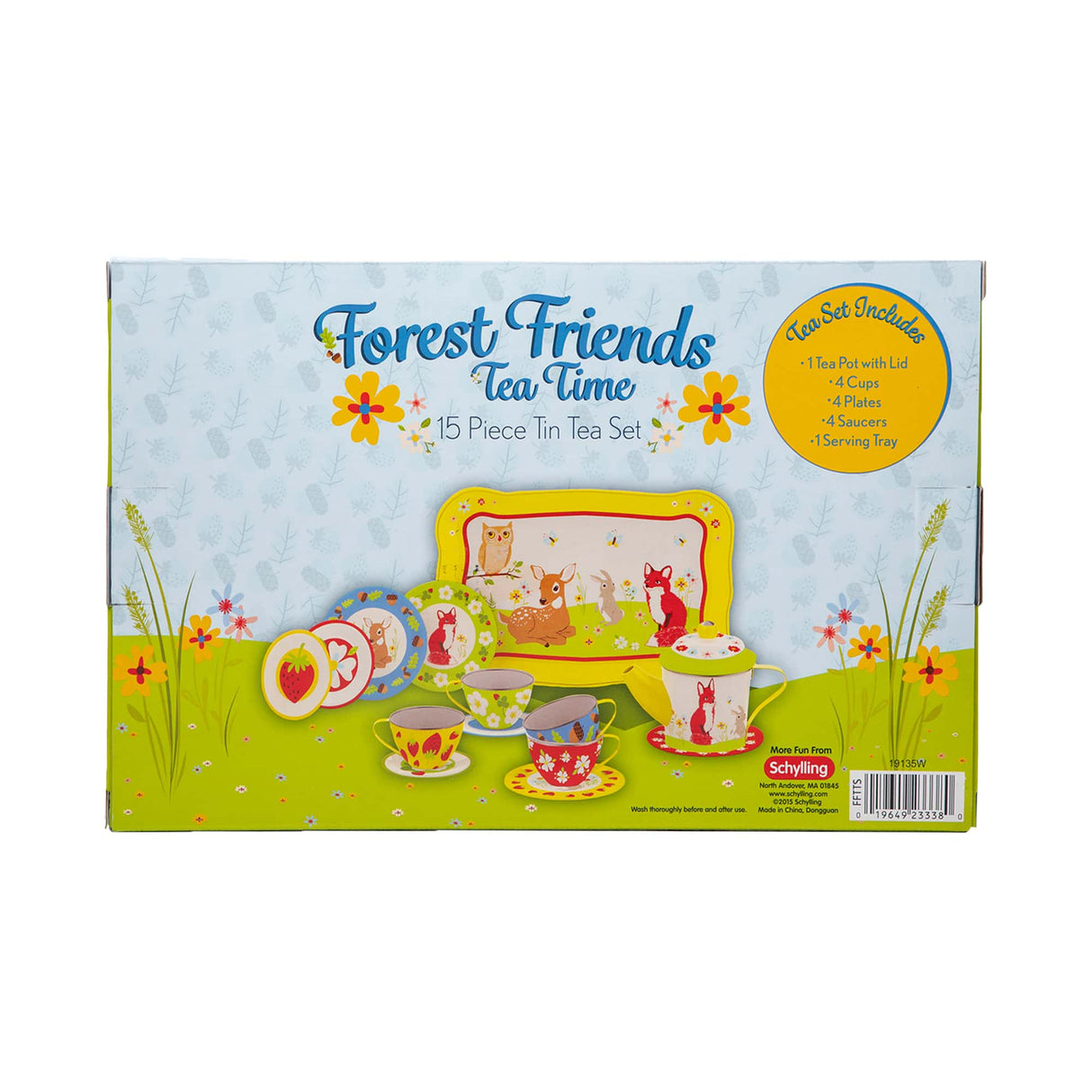 Forest Friends Tin Tea Set with 15 pieces featuring cups, saucers, and tray decorated with forest animals and nature designs.