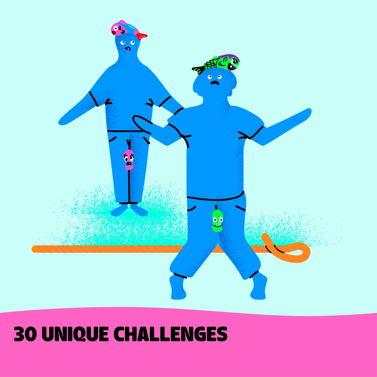 Fish Fight showing two blue characters in a playful challenge with colorful fish on their bodies and head.