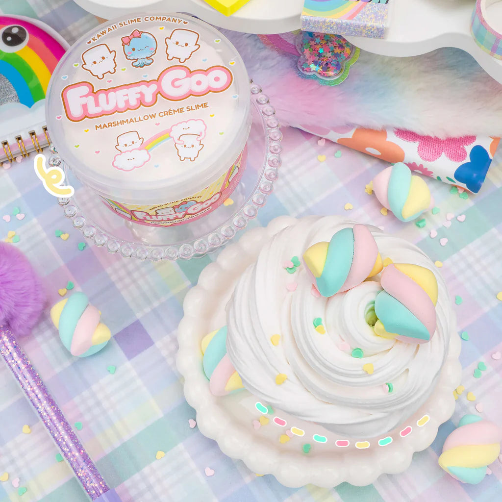 Fluffy Goo Marshmallow Creme Slime with pastel swirls, heart sprinkles, and soft marshmallow scent on plaid background.