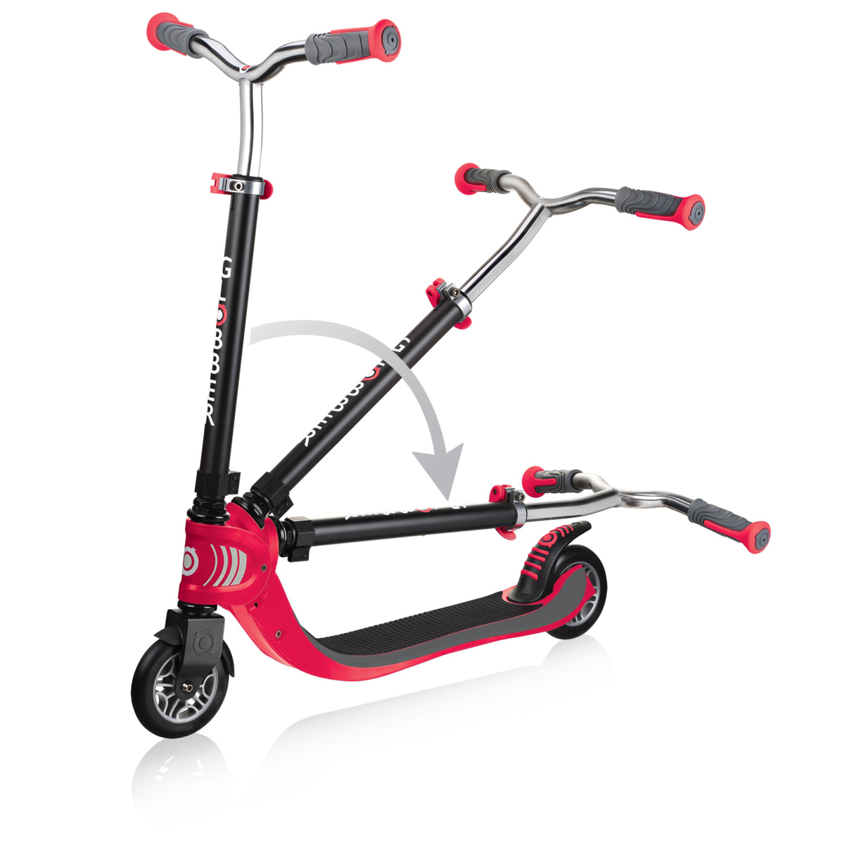 Scooter Flow Fold | Red showing its patented foldable design with red and black adjustable handlebars and deck.
