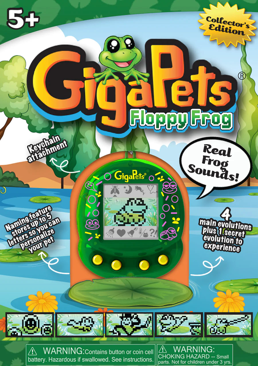 GigaPets Floppy Frog virtual pet toy with keychain, real frog sounds, 5 evolutions, and fun interactive features.
