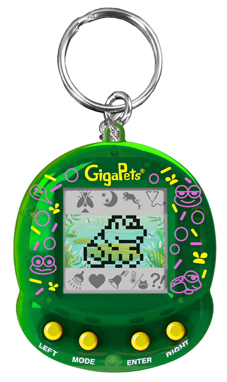 GigaPets Floppy Frog virtual pet keychain with green translucent case and pixelated frog game display.