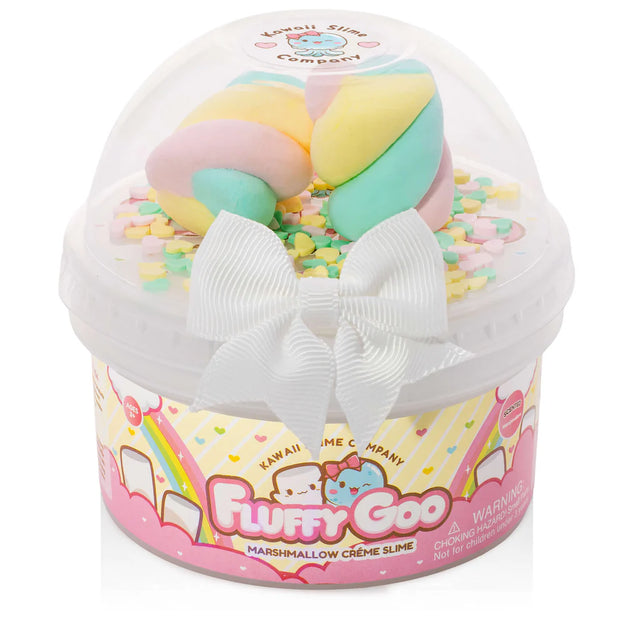 Fluffy Goo Marshmallow Creme Slime in a clear cup with heart sprinkles and two pastel swirl marshmallow decorations.