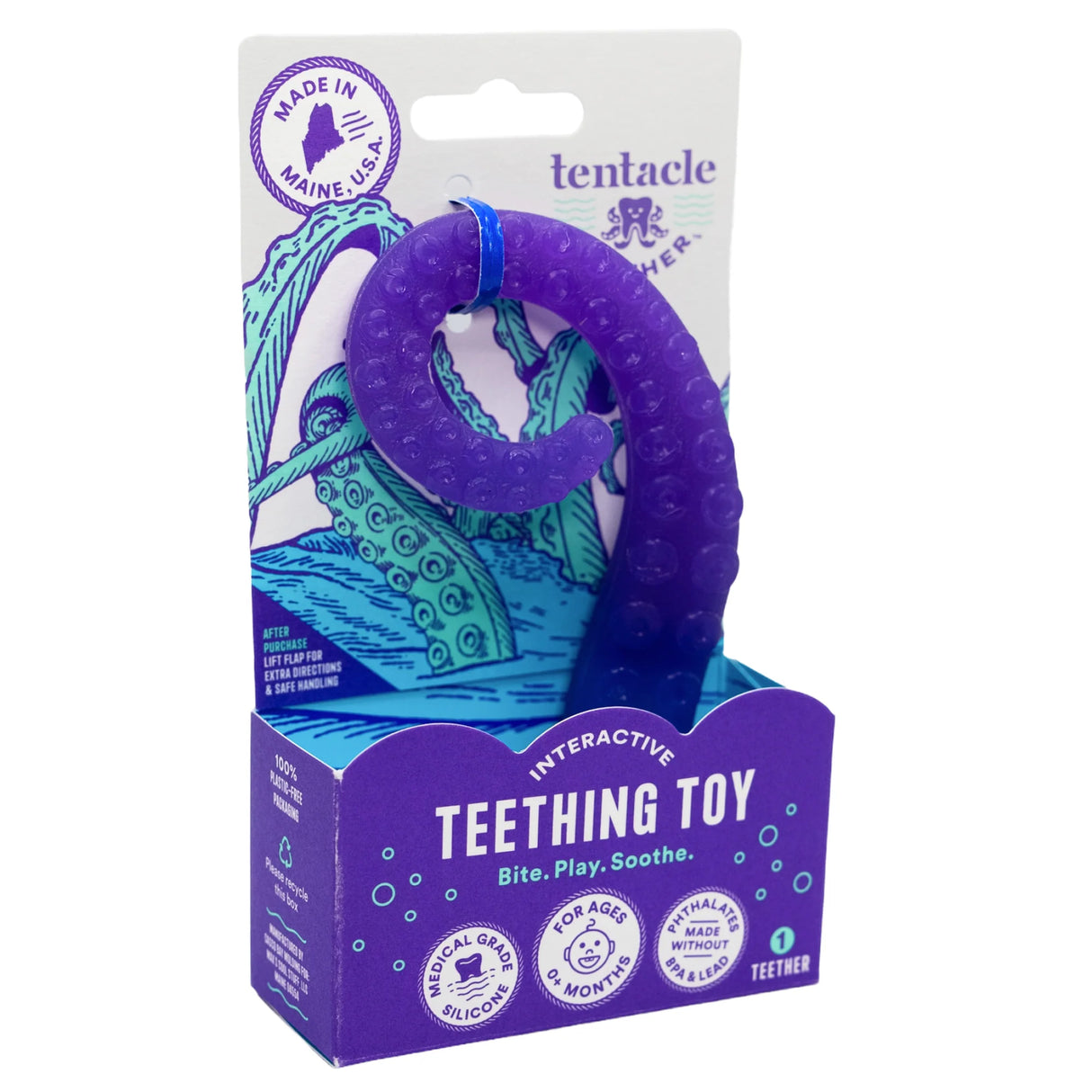 Tentacle Teether purple silicone interactive teething toy shaped like an octopus tentacle in packaging from Maine USA
