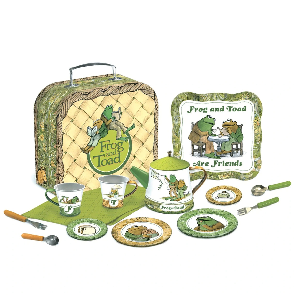 Frog and Toad picnic set for two with illustrated plates, cups, teapot, utensils, and woven design storage case