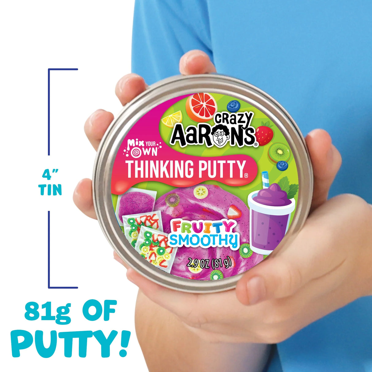 Child holding 4-inch tin of purple swirled fruity smoothie thinking putty with fruit-themed packaging