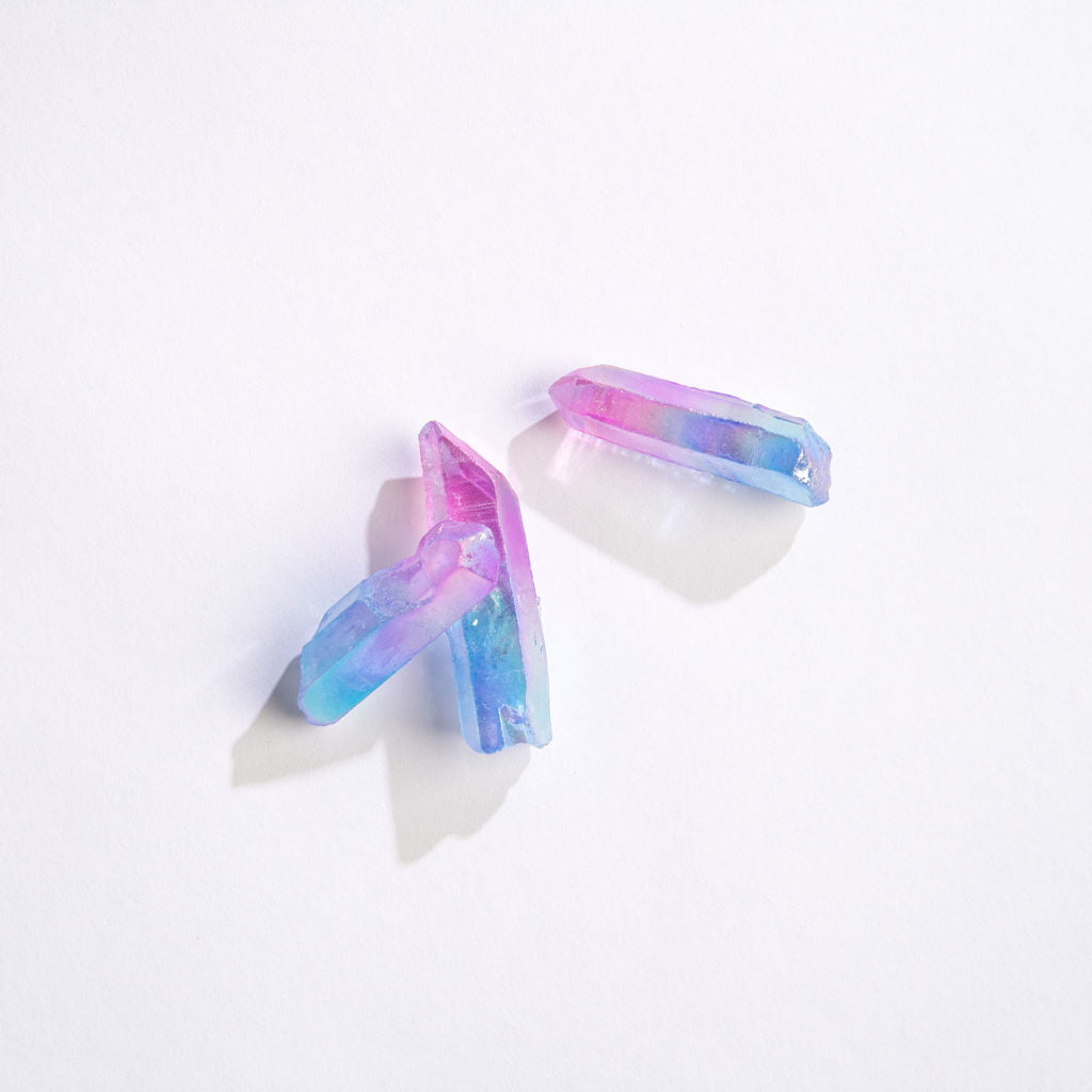 Three Crystal Point | Lilac & Blue quartz points displaying unique lilac and blue color gradients on a white background.