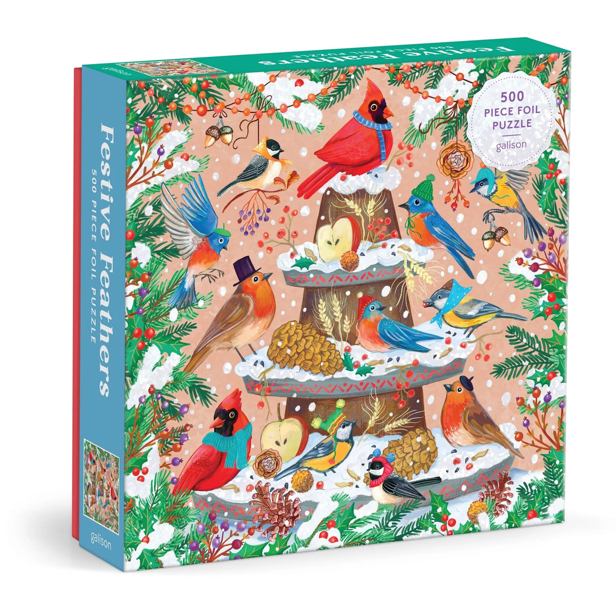 Colorful festive birds perched on a snowy layered cake surrounded by holiday greenery and berries puzzle box design