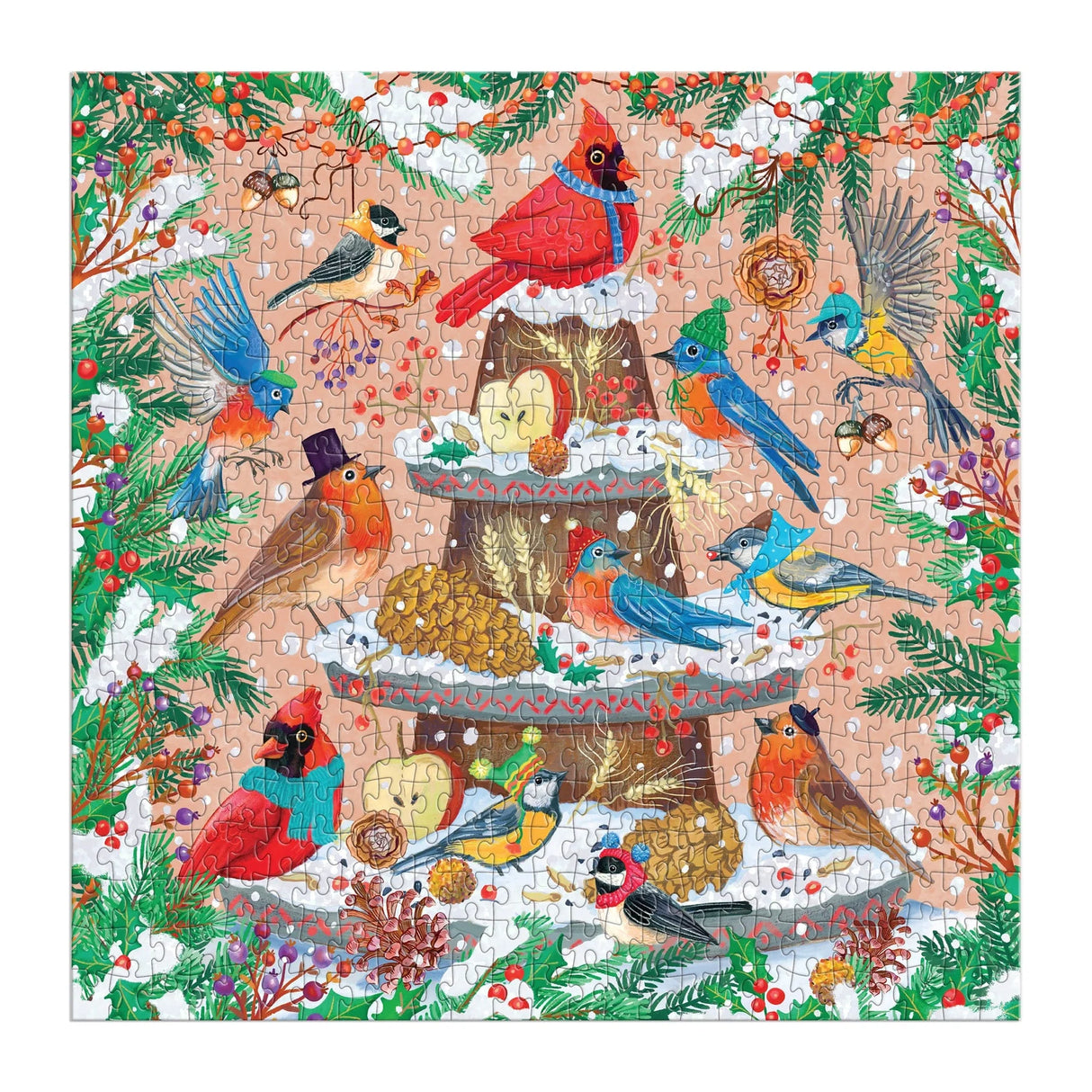 Completed 500-piece festive bird puzzle featuring colorful avian illustrations with metallic foil accents and holiday greenery.