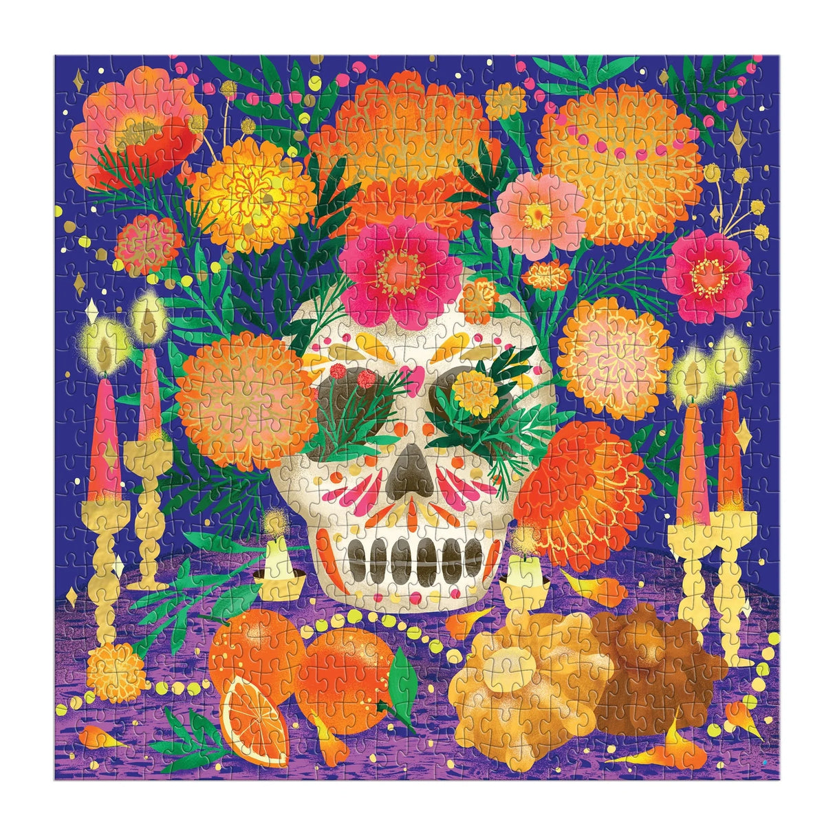 Colorful Day of the Dead puzzle featuring a decorated skull, marigold flowers, candles, and traditional offerings.