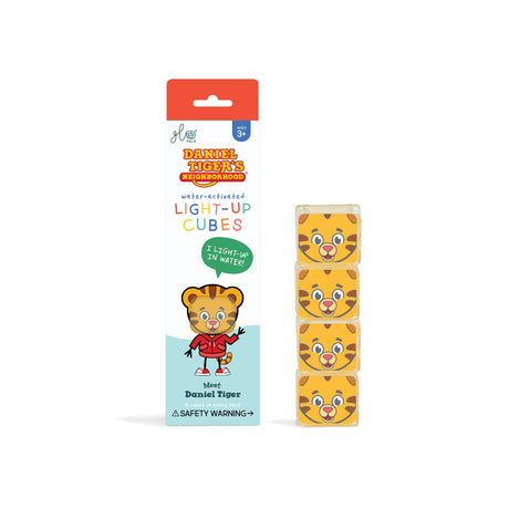 Glo Pals Daniel Tiger's Neighborhood light-up cubes that glow when placed in water for interactive playtime.