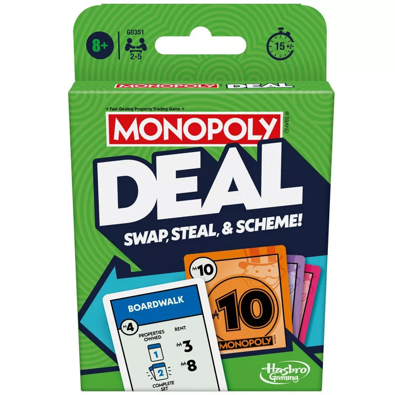 Monopoly Deal card game box with colorful property and action cards, perfect for fast-paced family fun ages 8 and up.