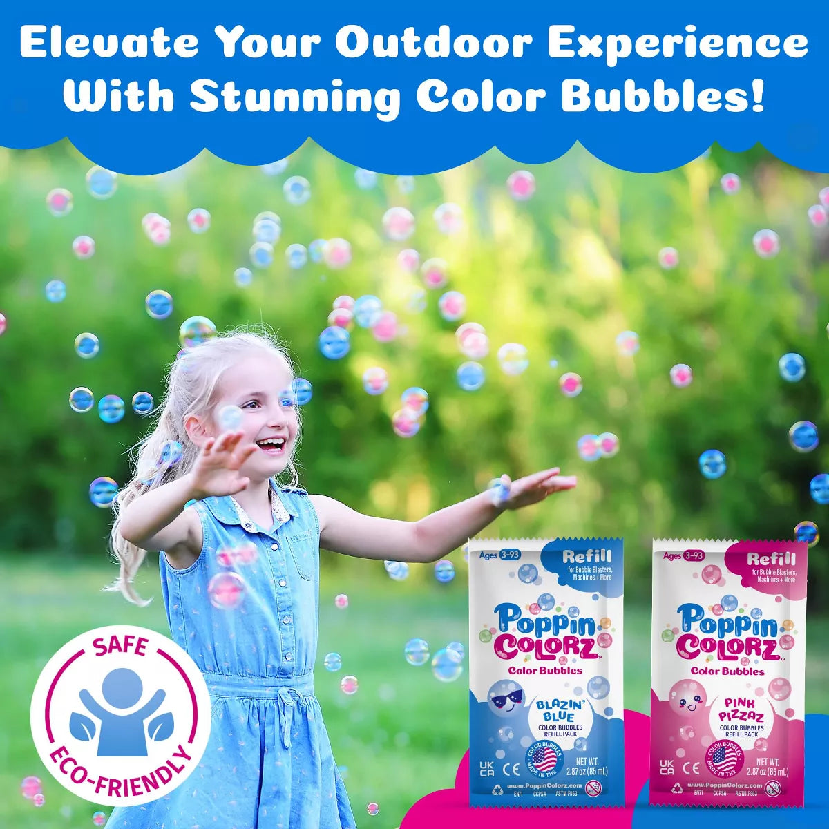 PoppinColorz Spectra Bubble Blaster creating colorful bubbles outdoors with joyful child and bubble refill packets.