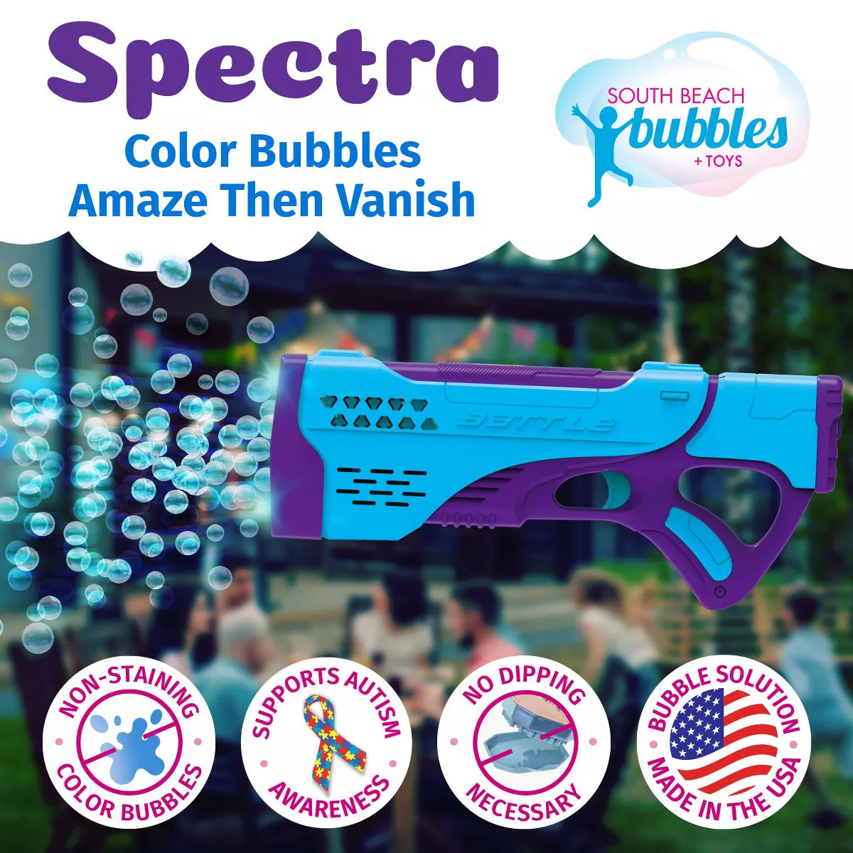 PoppinColorz Spectra Bubble Blaster shooting colorful bubbles that vanish, with non-staining, USA-made bubble solution.