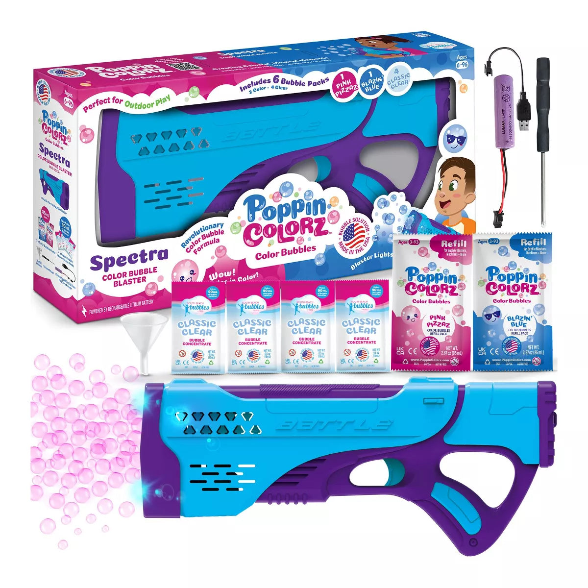PoppinColorz Spectra Bubble Blaster with double barrels, color bubble refill packets, and rechargeable battery kit.