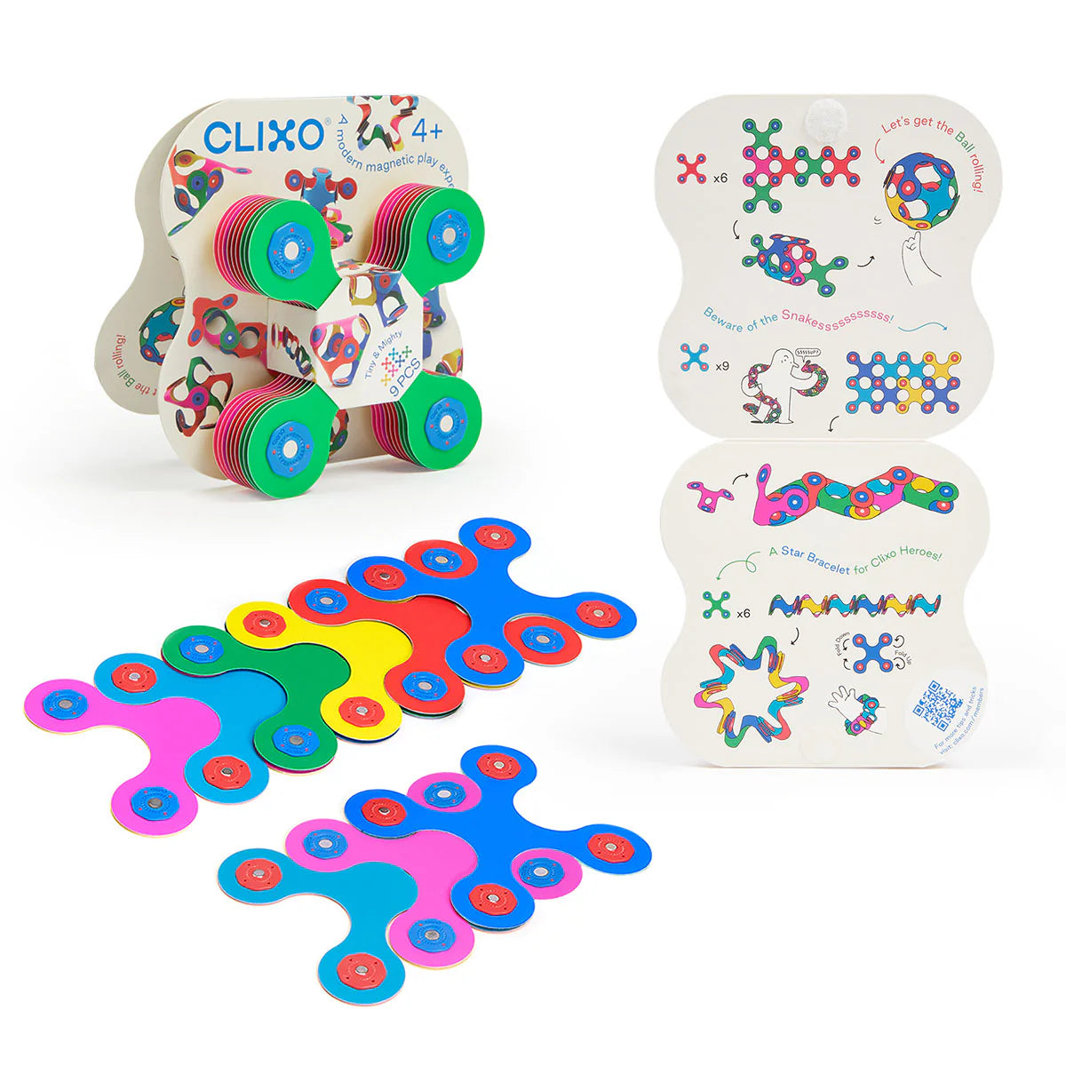 Clixo | Tiny & Mighty Pack with 9 colorful magnetic pieces for creative and fun STEAM play on the go for ages 3 plus.