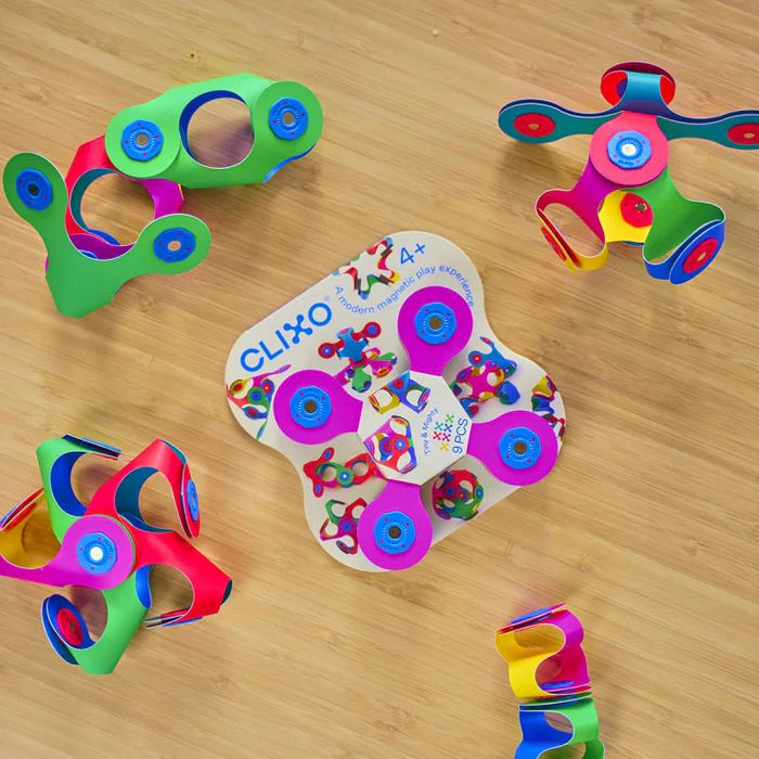 Clixo | Tiny & Mighty Pack with 9 colorful magnetic Quad shapes for creative, safe, and eco-friendly STEAM play.