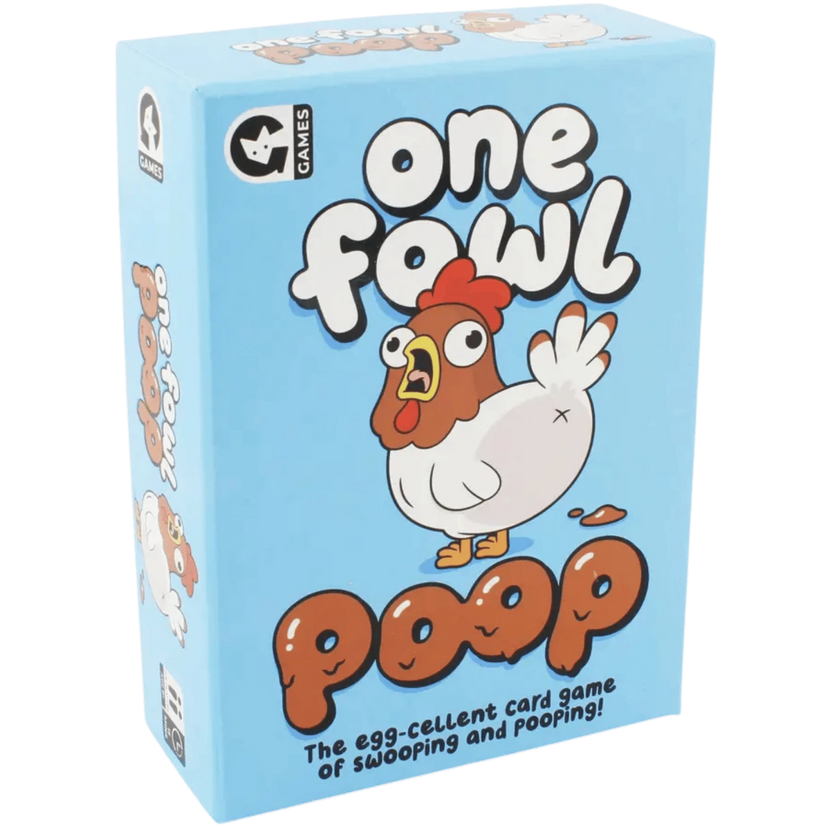 One Fowl Poop card game box featuring a cartoon chicken and playful poop illustrations