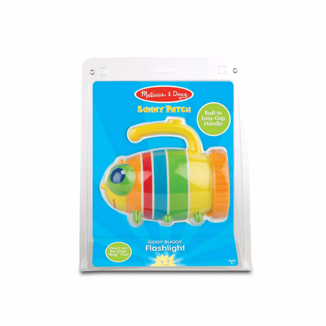 Flashlight Giddy Buggy in packaging, colorful bug-shaped flashlight with built-in easy-grip handle for kids.