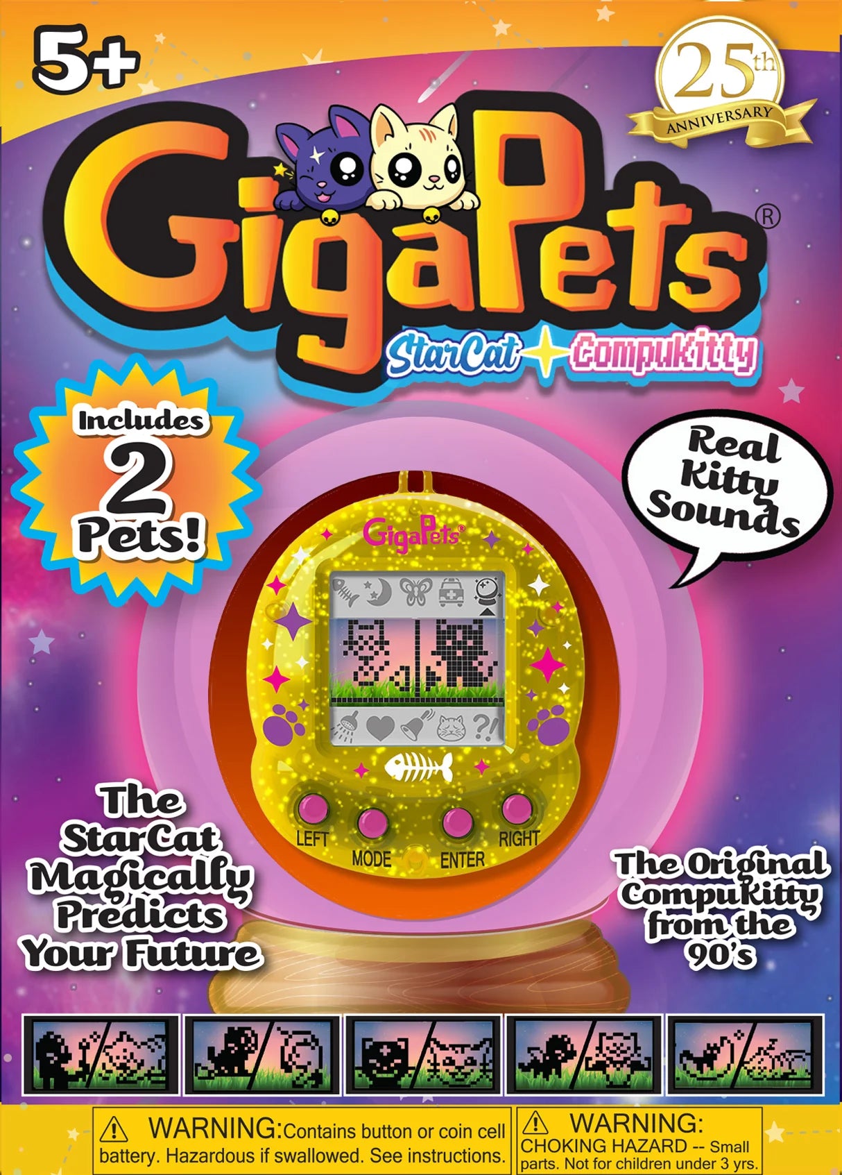 GigaPets Starcat Compukitty virtual pet toy with two characters, magic fortune, and original 90s design in yellow casing.