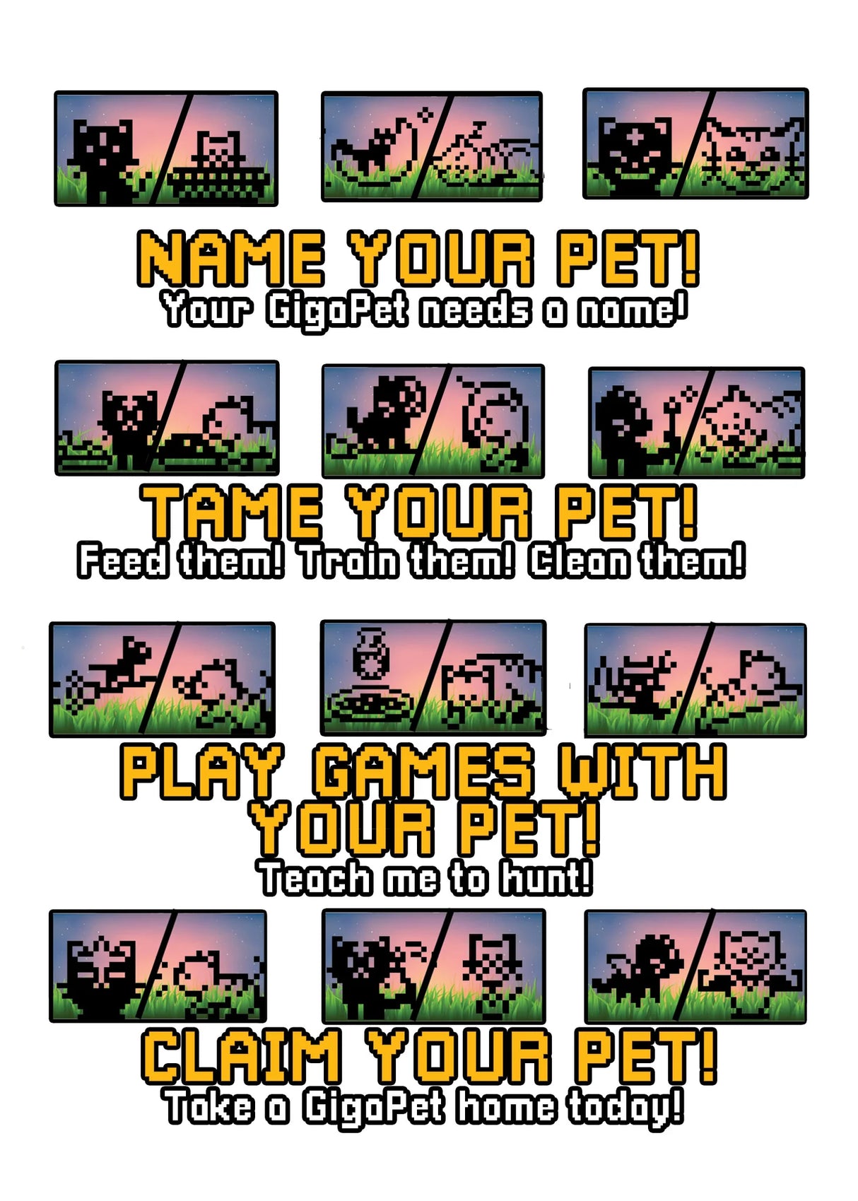 GigaPets Starcat Compukitty pixel art guide showing naming, taming, playing games, and claiming your virtual pet steps.