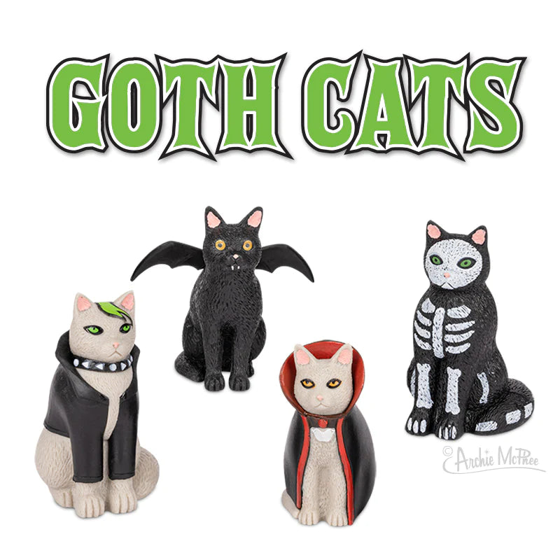 Goth Cat figurines in four dark and adorable styles including bat wings, skeleton, and vampire cloak designs.
