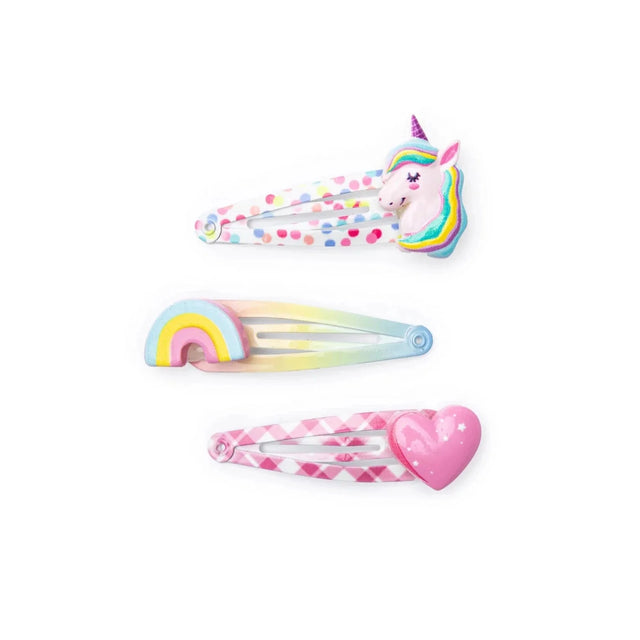 Unicorn Cutie Hairclips 3 piece set featuring unicorn, rainbow, and heart designs on colorful clips.
