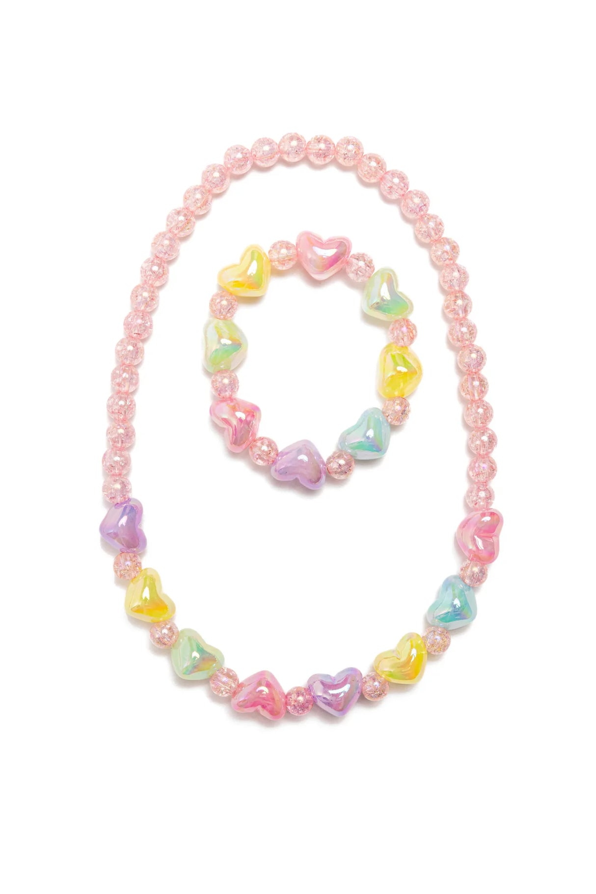 Bauble Bliss Necklace & Bracelet Set with light pink and colorful heart-shaped beads for playful charm.