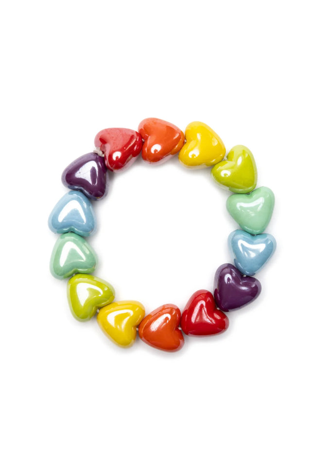 Colors of Love Bracelet featuring glossy heart-shaped beads in a vibrant rainbow of colors for children.