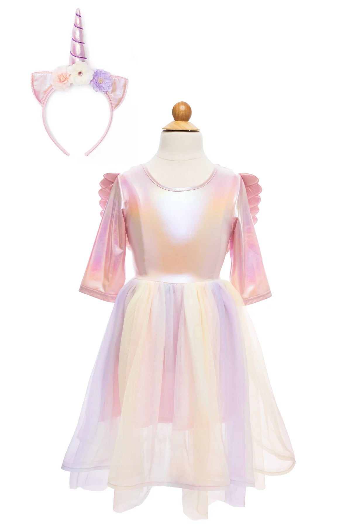 Alicorn Dress & Wings & Headband featuring iridescent fabric, flowing tulle skirt, pink wings, and a unicorn horn headband.