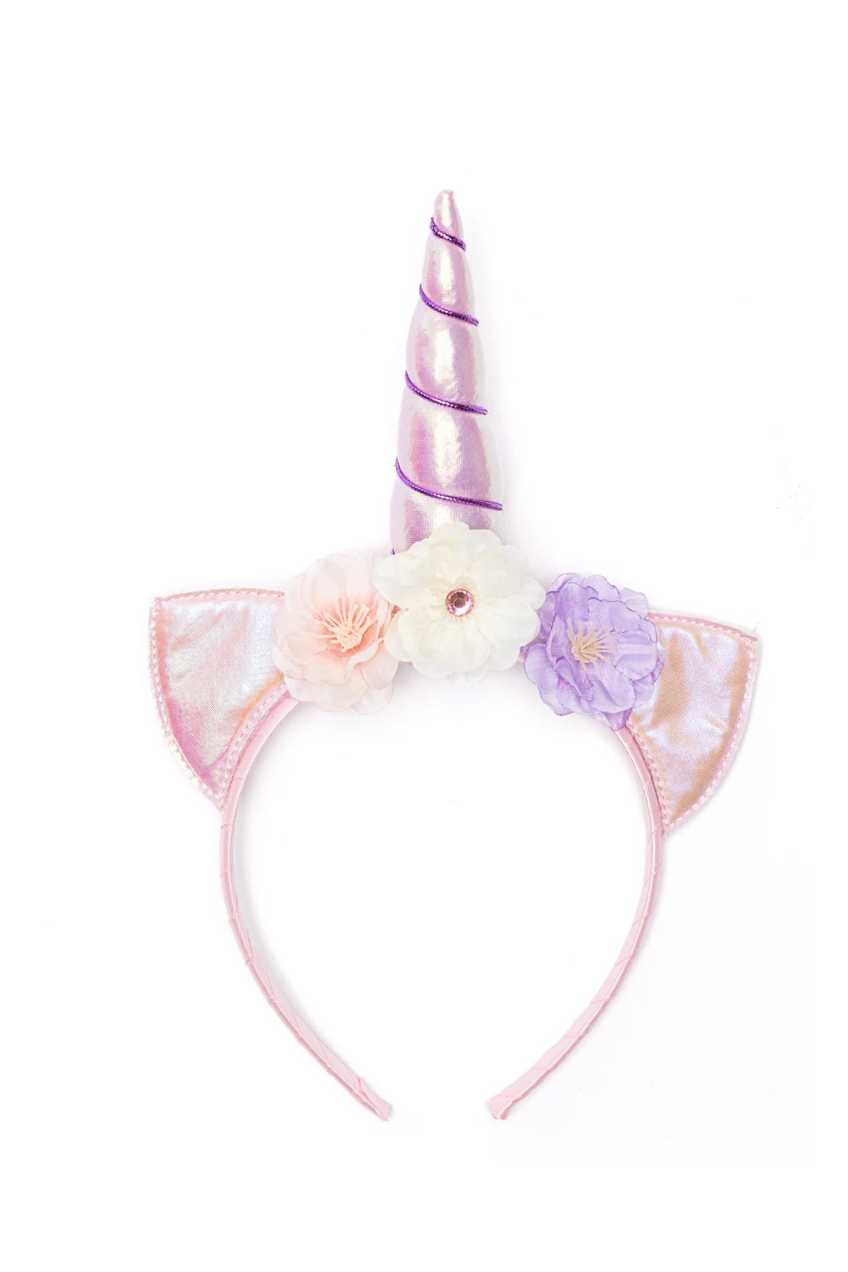 Alicorn Headband with lilac shimmering unicorn horn, pink iridescent spandex ears, and three delicate faux flowers.