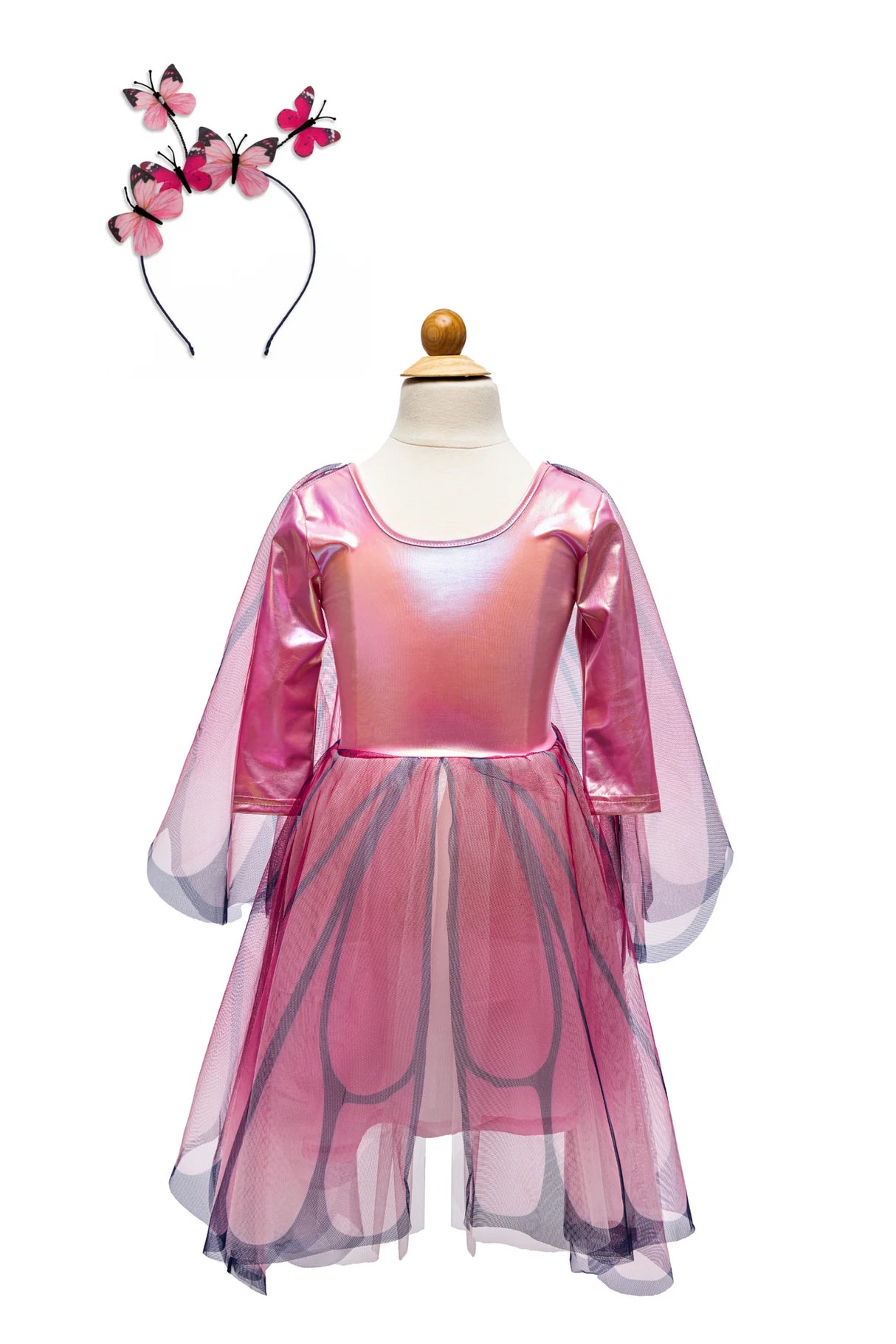 Butterfly Twirl Dress & Wings | Pink shiny spandex dress with attached butterfly wings and matching butterfly headband.