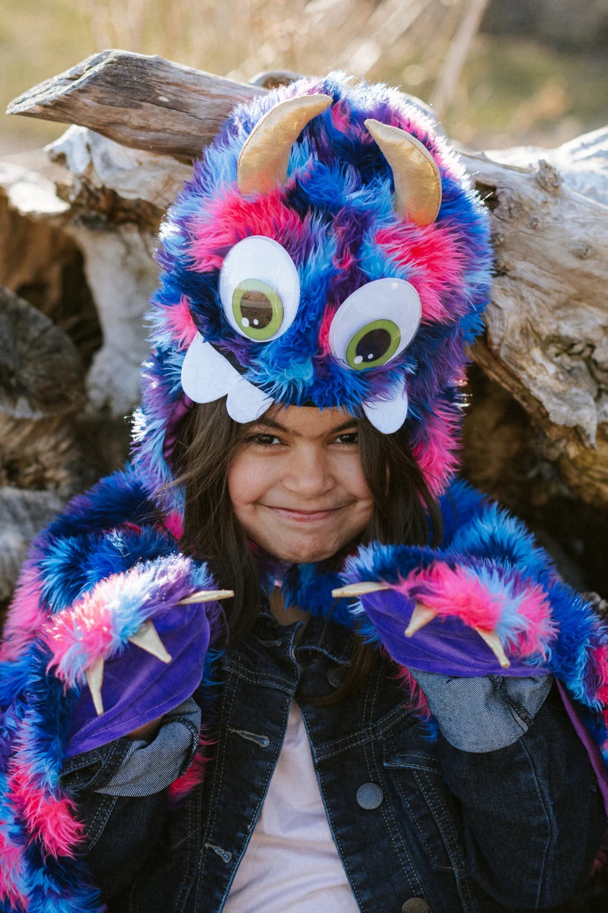 Goober the Monster Cape worn by a child, featuring bright blue, pink, purple fur with googly eyes and gold horns.