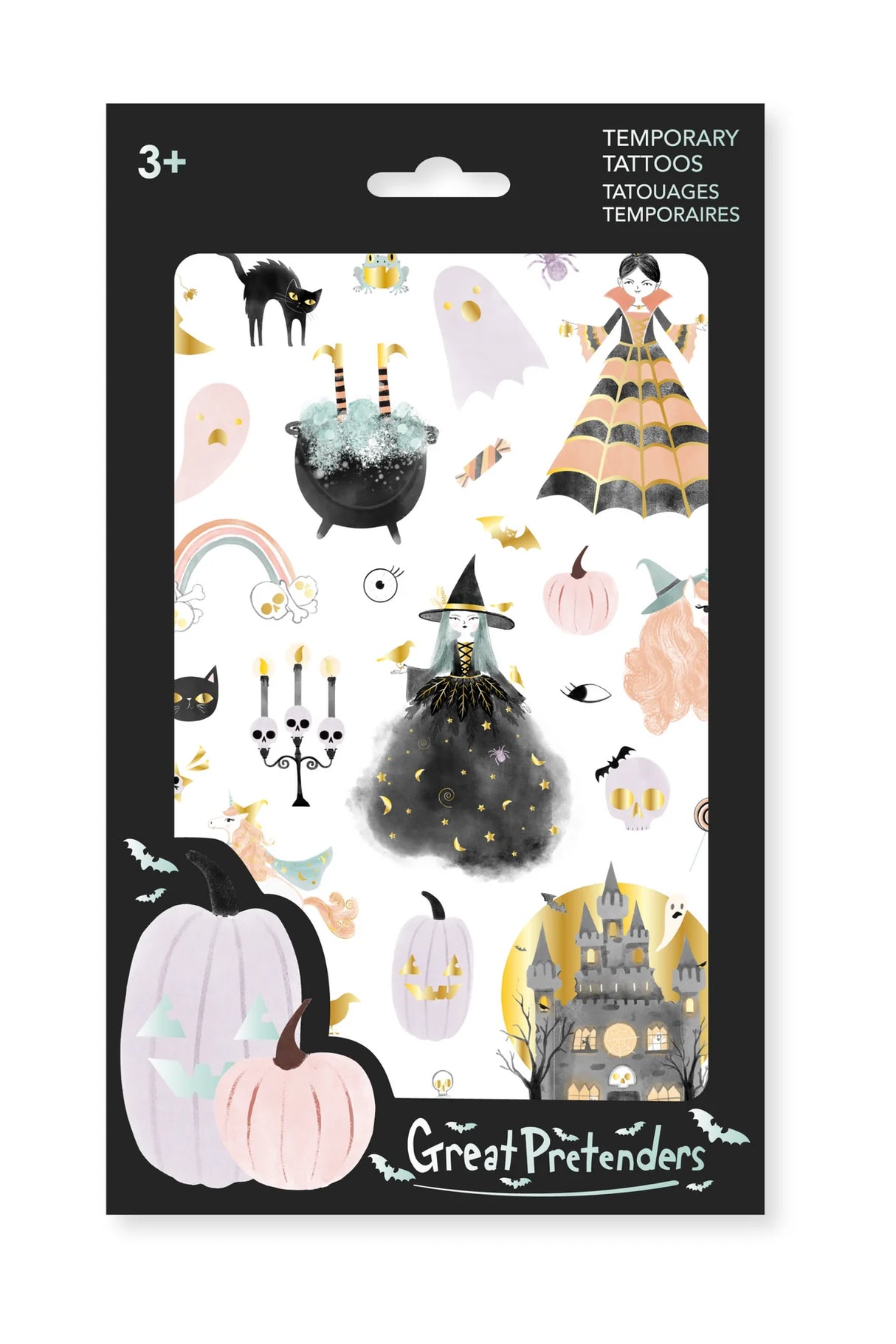 Raven Witch Tattoos pack featuring hand-drawn spooky designs like witches, pumpkins, ghosts, and cauldrons for kids.