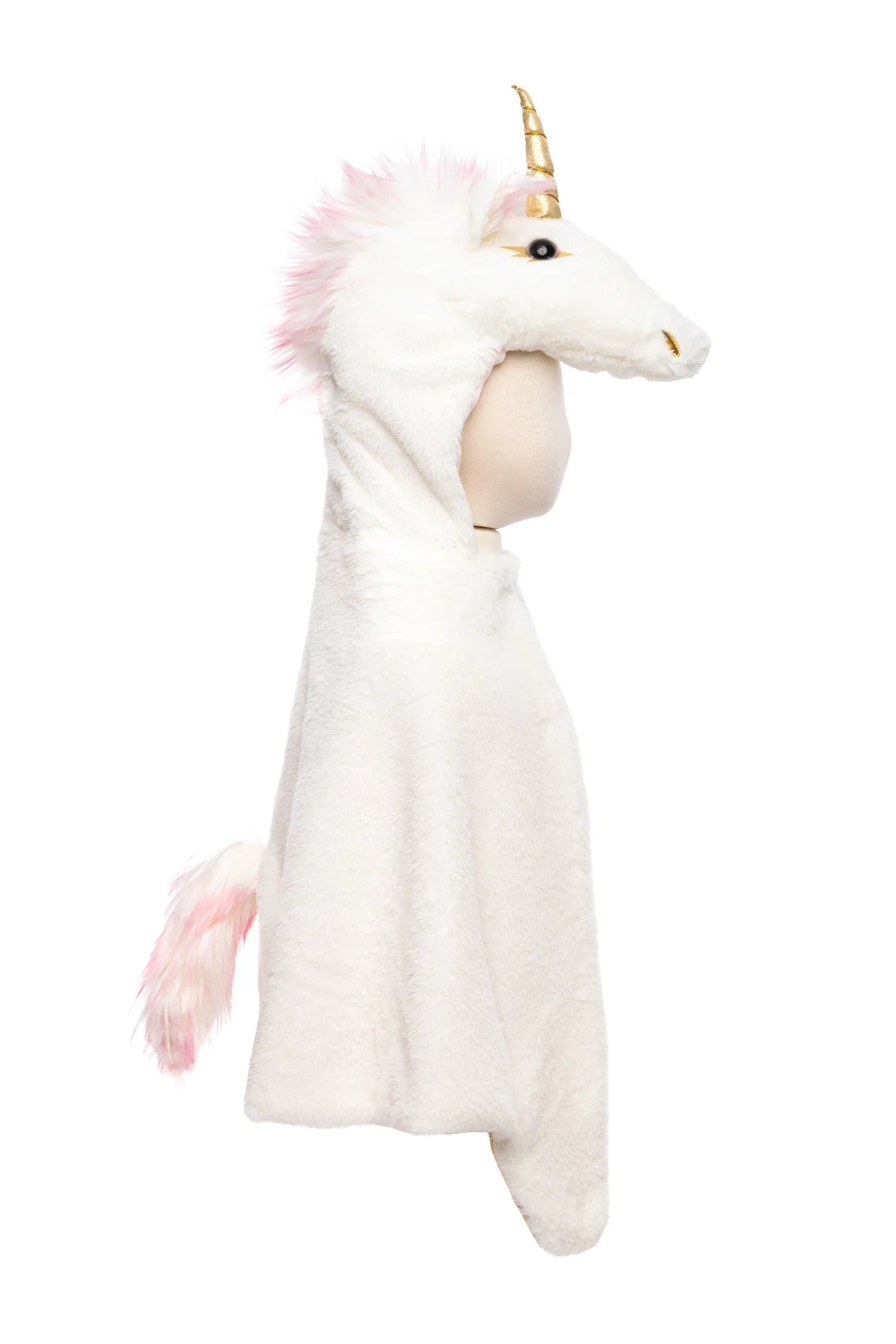 Unicorn Cuddle Cape Size 4-6 with soft white faux fur, pink mane, gold horn, and cozy wearable hood design.