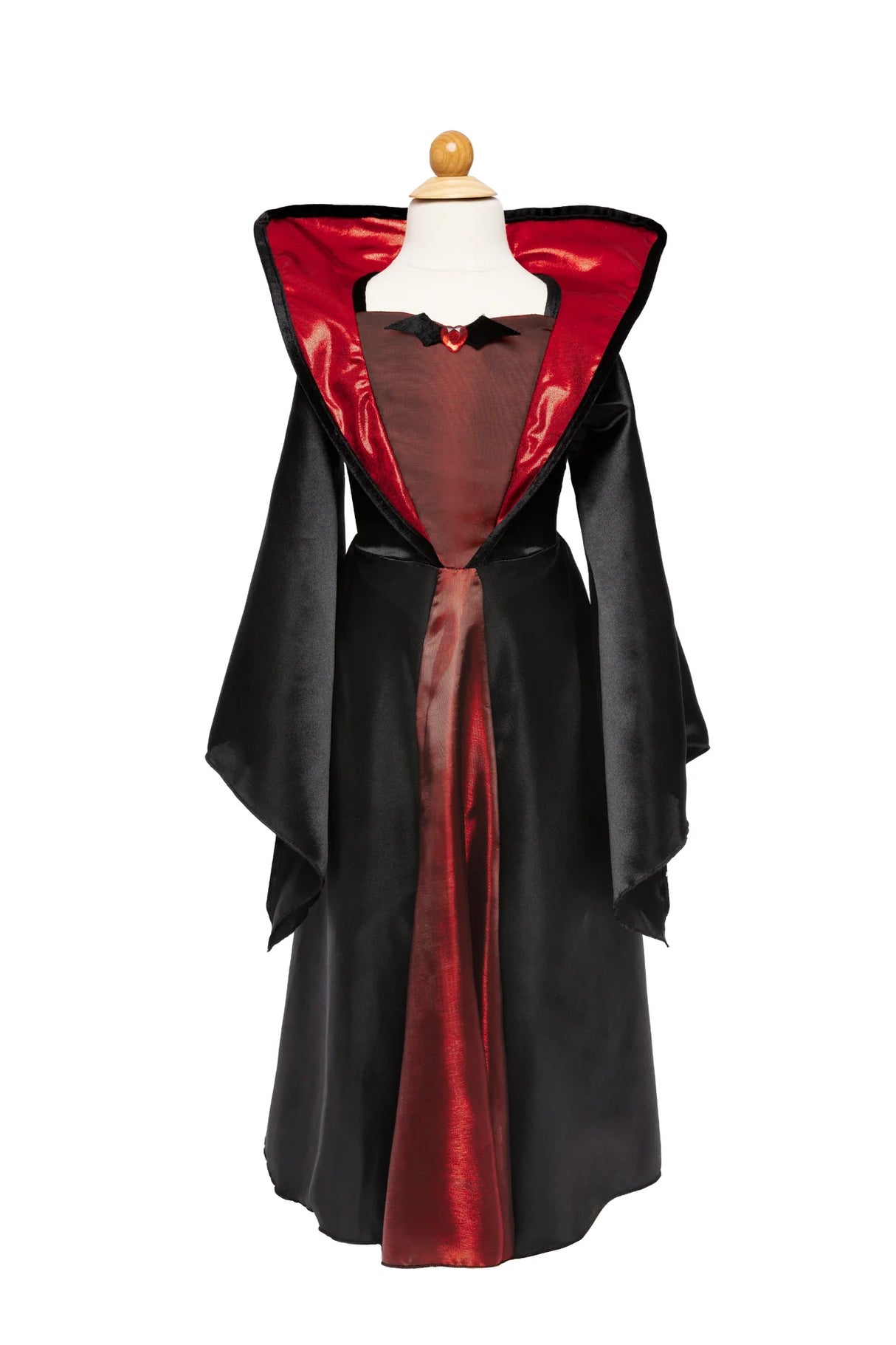 Vampire Dress | Size 5-6 black and red gown with bat detail and dramatic standing collar on mannequin.