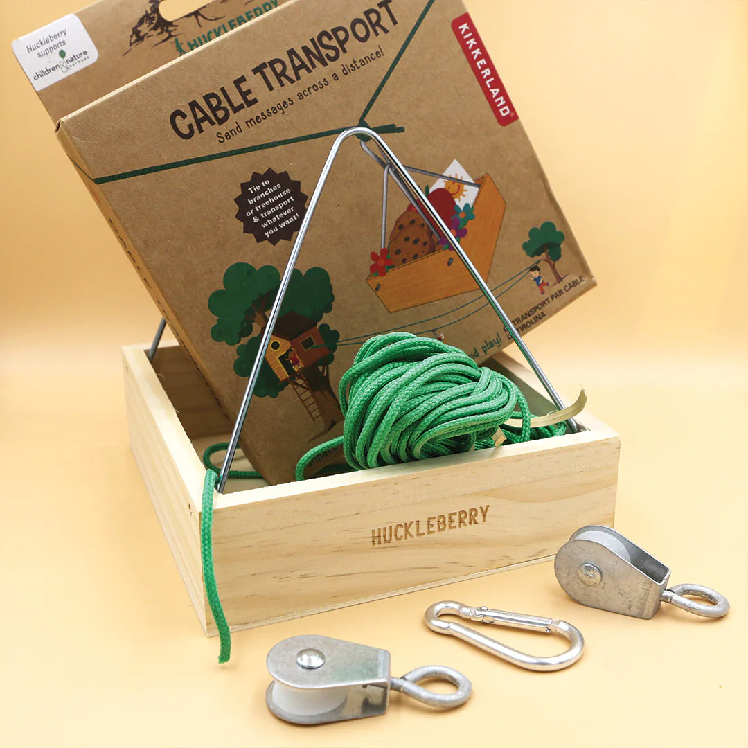 Huckleberry Cable Transport with pulleys and green rope for sending messages across any distance with accuracy.