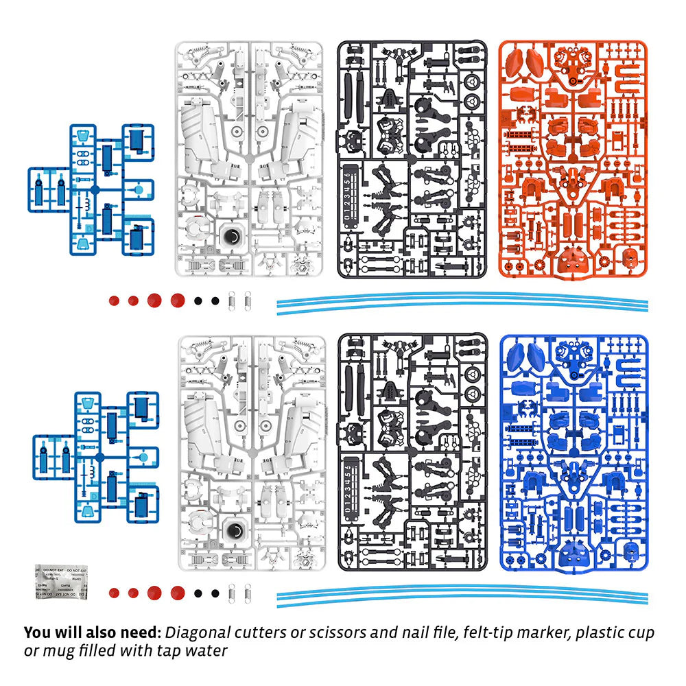 Sprues of plastic parts in various colors for assembling Hydraulic Boxing Bots model kit with small connectors and tubing.