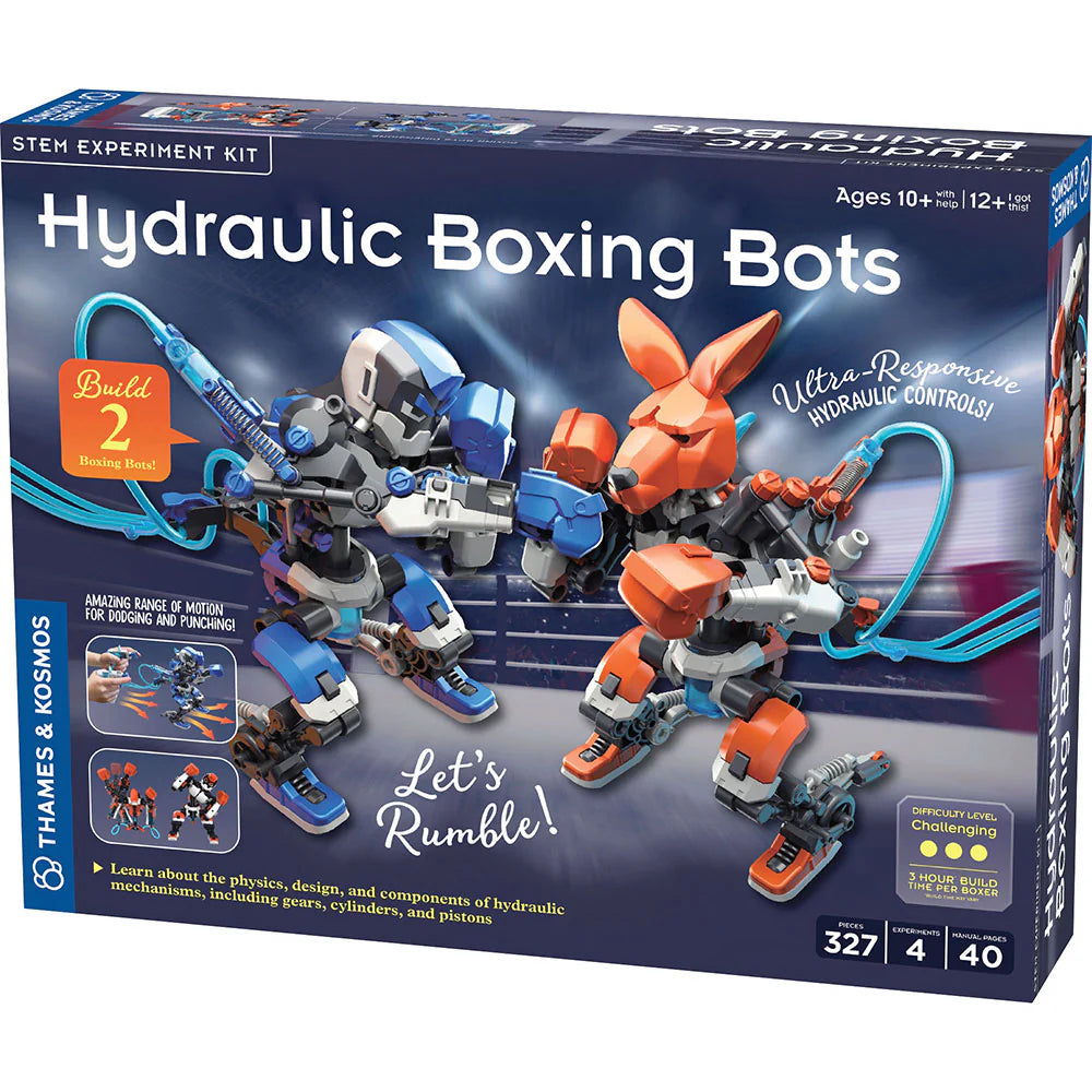 Boxing robots with hydraulic controls in a ring, featuring a blue robot and an orange kangaroo robot ready to fight