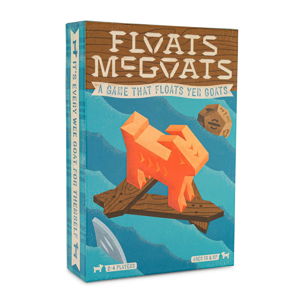 Floats McGoats game box featuring a stylized orange goat on a wooden raft floating in blue waves.