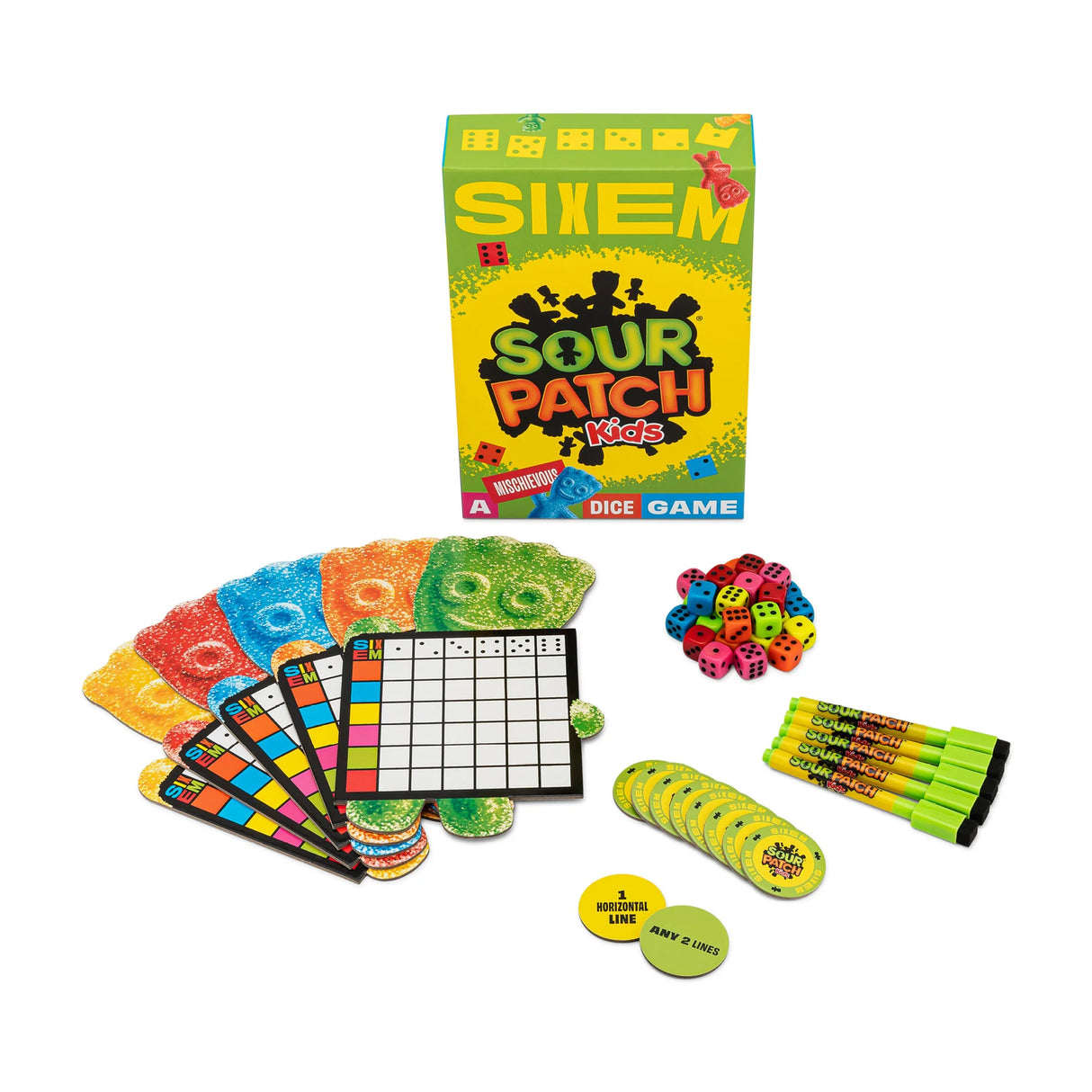 Sixem Sour Patch Kids board game with colorful cards, dice, tokens, and markers for a fast-paced family dice game.