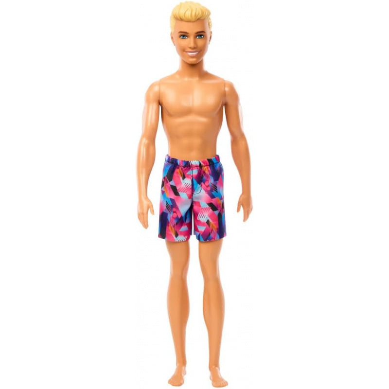 Barbie Beach Ken doll with blonde hair wearing colorful patterned swim trunks ready for a fun beach day.