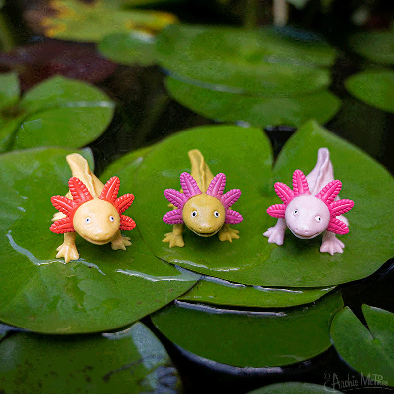 Three colorful smiling 3-inch soft vinyl Happy Axolotls on green lily pads in natural water setting.