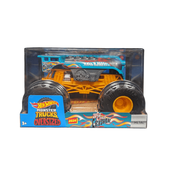 Hot Wheels oversized monster truck toy in packaging with blue and orange design and giant black wheels