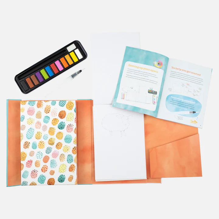How to Paint | Watercolor Animals set with 12 watercolors, water brush, guidebook, and drawing pads in a storage case.