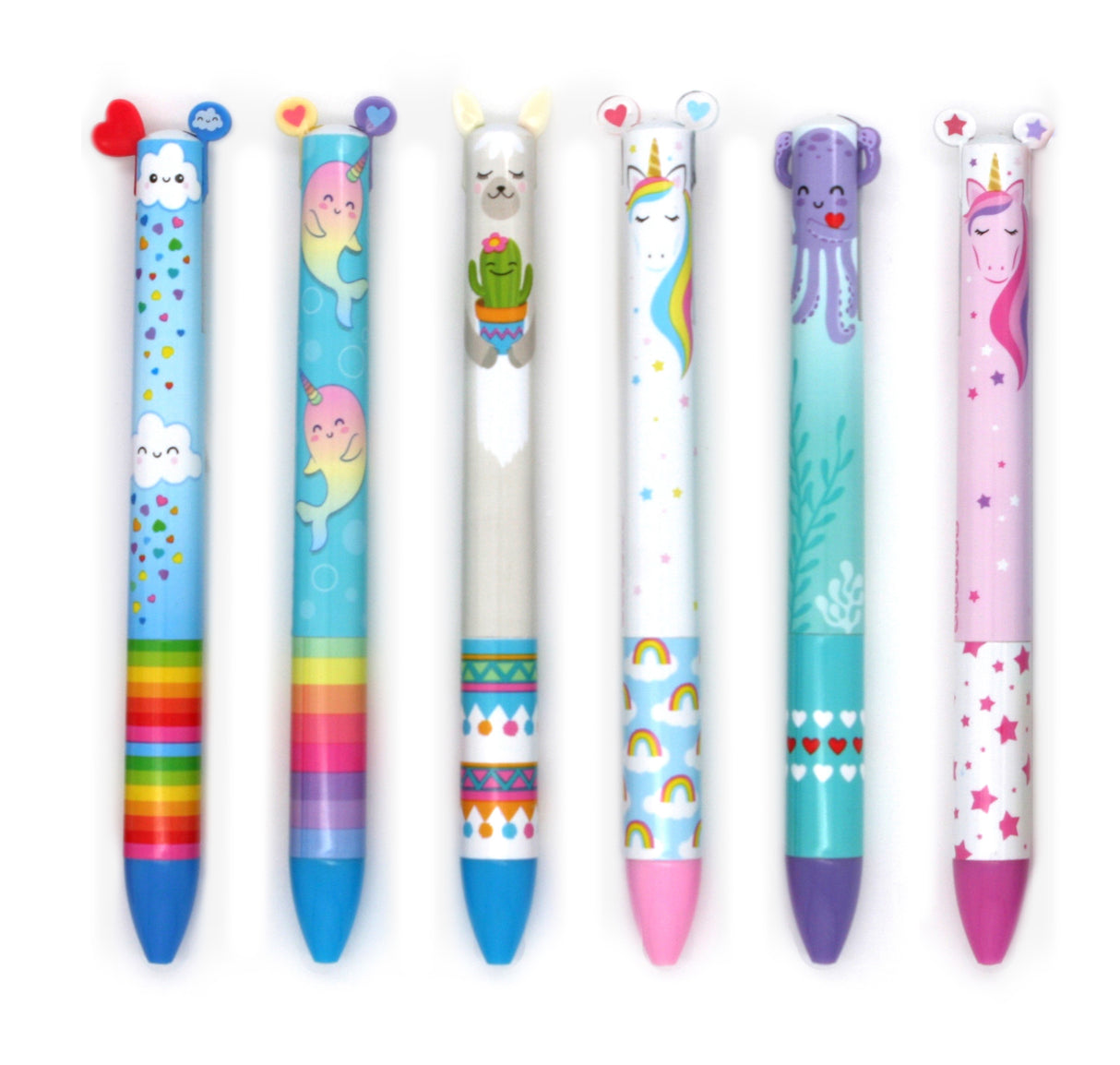Twice as Nice 2 Color Click Pen Rainbow featuring six fun double-ink pens with cloud, narwhal, llama, unicorn, octopus designs.